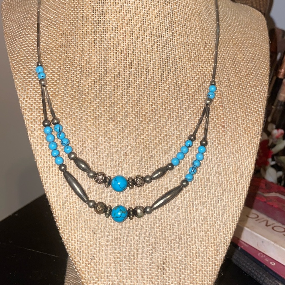 Genuine kingman Arizona blue green turquoise Silver pearl bead Navajo necklace